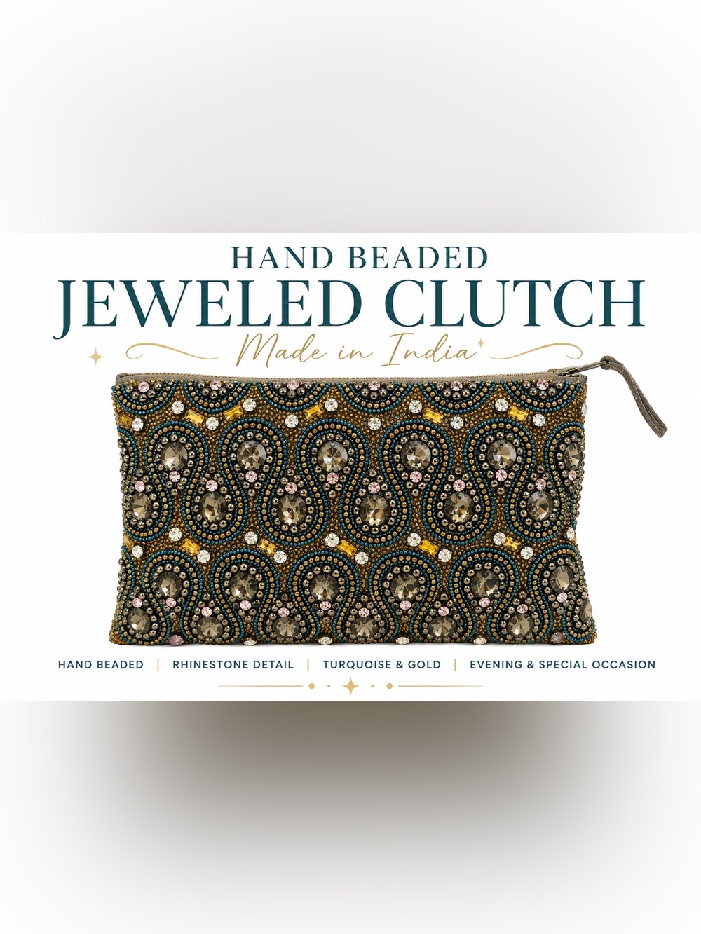 Hand Beaded India Jeweled Clutch Turquoise Gold Rhinestone Y2K Evening Bag
